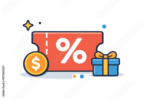 Clearance sale event a simple box icon with a bold discount sign and minimal confetti accents reflects end-of-season offers and inventory reduction. Minimalist