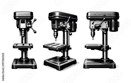 bench drill press machine A bench drill press shown in front view, angled perspective, and side profile highlighting the column, base, adjustable table, and