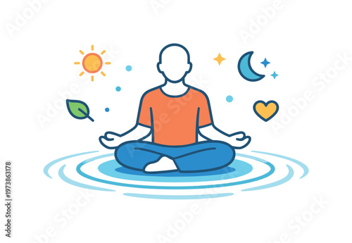 Meditation routine focused on a serene figure surrounded by soft circular waves representing mental clarity and reduced stress. A simple visual idea of daily