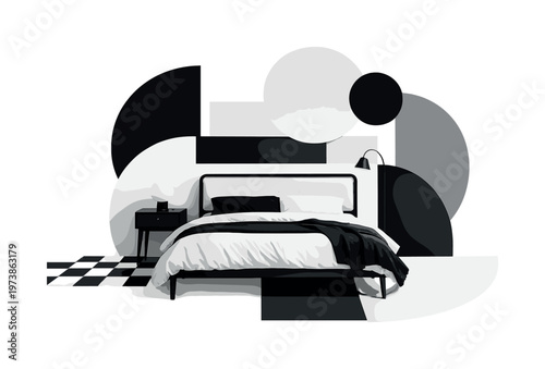 bedroom interior with retro bed intersecting with bold semicircles and soft geometric forms black and white bed with conceptual layout modern graphic collage