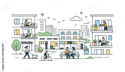 Mixed-use complex residential zone. Clean residential area integrated into a larger complex, balconies and windows with subtle human presence. Quiet comfort