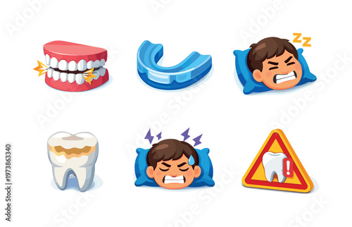 Bruxism. Isometric flat vector icons set of bruxism: teeth grinding symbol, night mouth guard, clenched jaw at night, worn tooth surface, sleep stress icon,