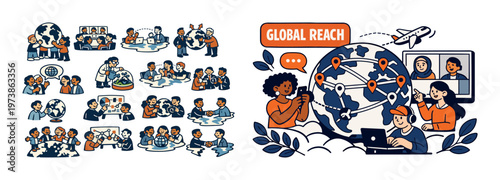 Global reach isometric composition with international business communication icons, worldwide connection elements, digital collaboration tools, and global networking concept. Colorful vector-style set