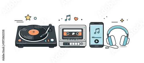 Analog meets modern. A turntable and cassette player next to a smartphone and headphones. Visual contrast between retro formats and digital life, calm and