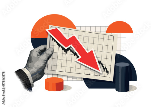 A vintage black and white hand holding a paper with a plunging graph, oversized red down arrow overlapping the chart, cut-out layered effect with white