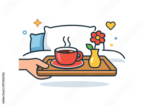 Morning surprise gesture a tray with coffee and a flower brought to bed expressing care and small romantic rituals that brighten routine days. Minimalist flat