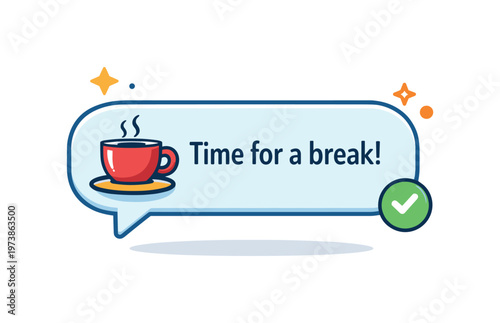 Break reminder indicators illustrated by a notification bubble with a coffee cup icon and subtle spark accents, conveying friendly prompts for short