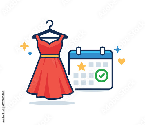Rental wardrobe lifestyle highlighting everyday elegance with a single statement dress displayed alongside a calendar icon, communicating planned outfits for