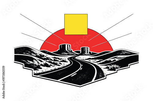 Vintage black and white winding desert highway disappearing between rolling hills, large red semicircle anchoring the sunset zone, thin diagonal lines creating