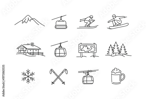 Aspen Mountain Resort. Minimalistic set one-line drawing [ski mountain peak, ski lift chair, skier downhill, snowboarder jump, mountain lodge, gondola cabin,
