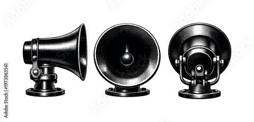 Fog horn bell ? A fog horn bell assembly shown as one object in three different orientations, concentrating on flared rim thickness, circular opening depth,