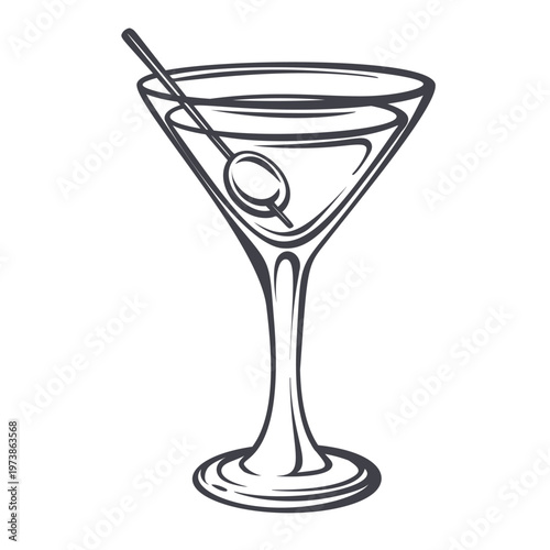 Martini cocktail in martini glass with olive garnish on pick in monochrome outline. Bar menu, evening drink card and cocktail design with martini, vector illustration