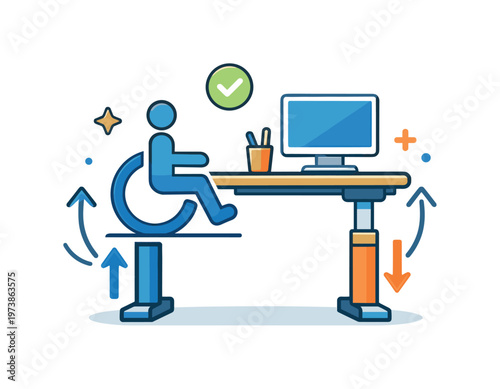 Adaptive office setup featuring an adjustable desk with a wheelchair symbol and smooth motion arrows, expressing flexible and inclusive workplace design. A