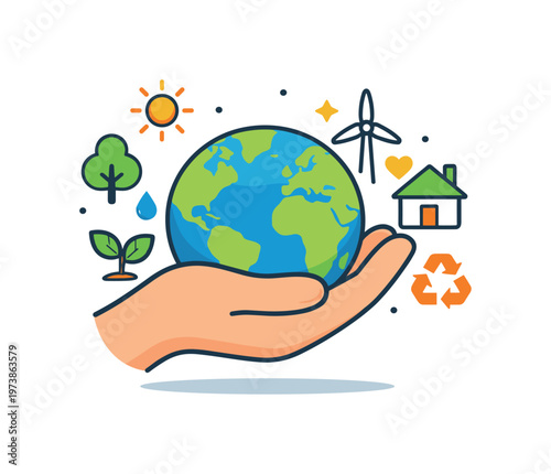 Climate change awareness centered on human responsibility with a hand gently holding the Earth and small eco symbols, suggesting care, protection,
