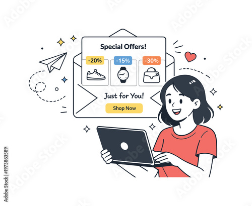 Personalized email offers. A character opening a message with curated product suggestions and discount tags, expressing a sense of relevance and timing. Soft