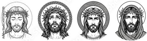 Four detailed black and white illustrations of Jesus Christ wearing a crown of thorns and a halo, depicting spiritual suffering and divinity, isolated on white background for religious desig