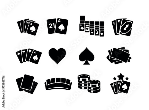 Card Games. Solid icon set of Card Games: poker hand, blackjack cards, solitaire layout, uno cards, bridge cards, hearts suit, spades suit, shuffled deck, card