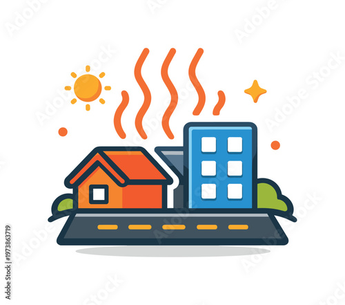 Heat trapped in urban infrastructure illustrated by asphalt and rooftops emitting rising waves, conveying accumulation of warmth and environmental imbalance.