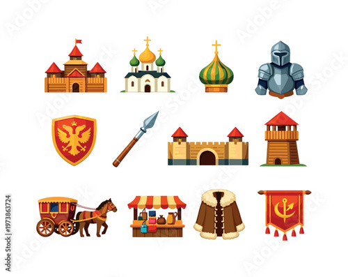 Medieval Russia. Colorful flat vector icons set of Medieval Russia: wooden kremlin, orthodox church, onion dome, knight armor, shield emblem, spear weapon,