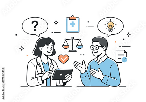 Medical Ethics Consultation. Two professionals discussing patient care decisions over a tablet, exchanging ideas in a respectful and focused interaction. Light