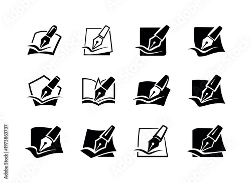 Writing with a stylish pen on paper. Icon set. Set Logo of Writing with a stylish pen on paper: elegant pen nib mark. harmonious logo variations of the same