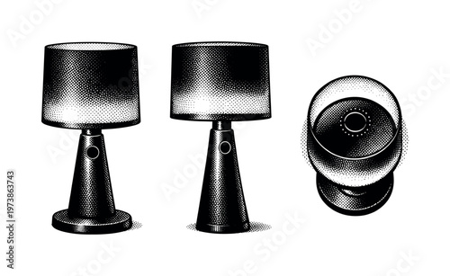 Table lamp ? touch-control table lamp. A realistic touch-control table lamp displayed as one consistent object in three different views, highlighting smooth