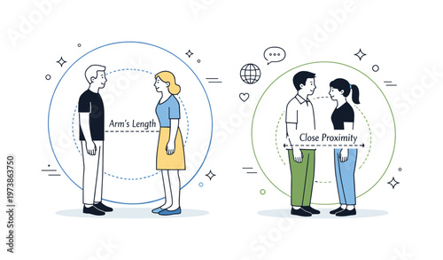 Personal space differences. Characters standing at different distances to reflect cultural norms of personal space, showing comfort and respect through