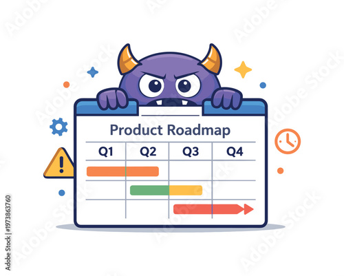 Tech debt monster metaphor visualized as a cute monster hiding behind a product roadmap, conveying unseen risks and delayed consequences. A simple metaphor of
