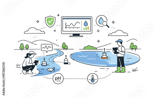 Water quality monitoring. Editorial illustration of rivers and reservoirs connected to simple sensors and charts, showing continuous observation and protection