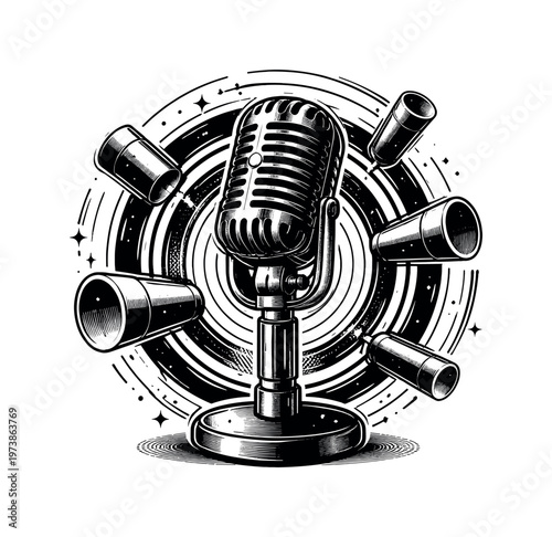 microphone combined with cylindrical forms and concentric circles detailed monochrome retro mic with white contour outline modern graphic collage editorial