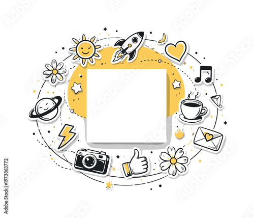 A surreal floating set of black-and-white doodle stickers orbiting a central empty square space, partially enclosed by a bold yellow half-circle, minimal