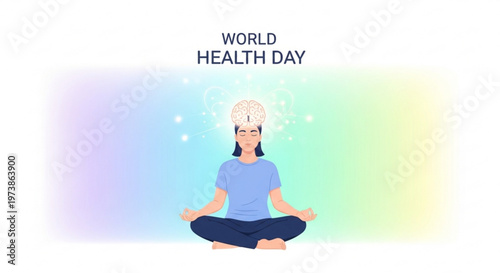 A vector graphic illustration of a woman meditating on World Health Day with a brain icon