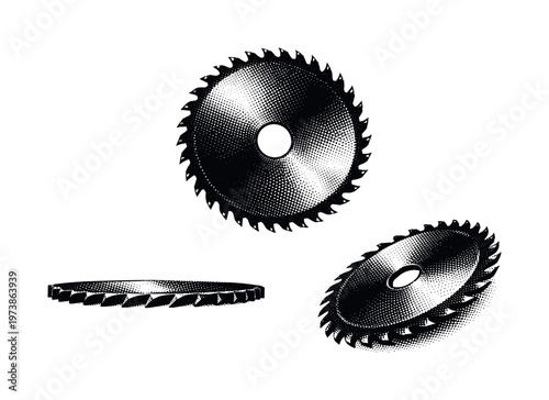 Circular saw blade A toothed circular cutting blade with sharp evenly spaced teeth shown in three views highlighting edge geometry and central arbor hole.