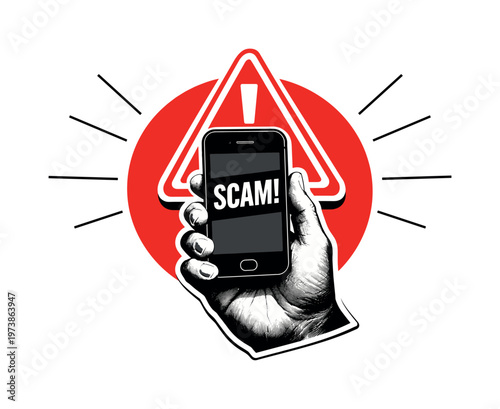 A black and white retro-style smartphone held by a realistic hand, screen showing a bold SCAM warning text, white cut-out outline around the hand and phone,