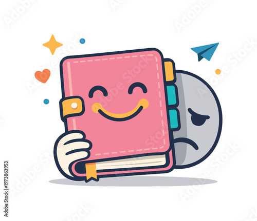 Planner influencer burnout shown as a smiling planner cover masking a tired face icon beneath, expressing performative positivity and hidden emotional strain.