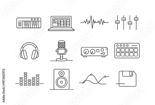 Digital Music Production. Minimalistic set one-line drawing MIDI keyboard, laptop with audio software, waveform timeline, mixing console sliders, studio