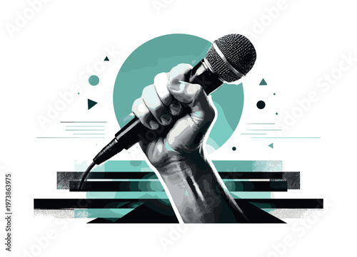 black and white cut-out hand gripping a microphone with dynamic perspective, large teal circular spotlight behind the hand, layered abstract blocks and thin