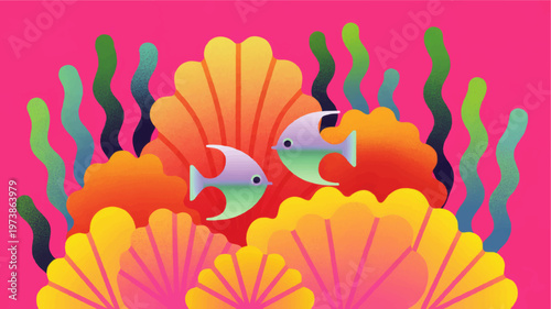 Colorful tropical underwater illustration with angelfish, coral reef, seashells and seaweed on vivid pink ocean background