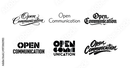 Open Communication. Set lettering. harmonious lettering variations of the same emblematic concept, each with different artistic interpretation (Elegant script