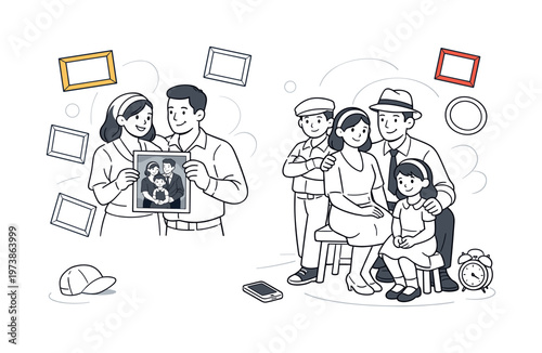 Vintage photo reenactment. Parents and kids carefully copying an old black-and-white portrait, adjusting clothes and posture while holding the original picture