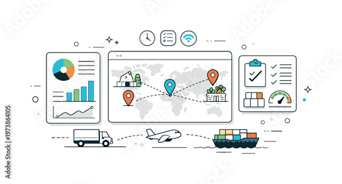 Supply chain monitoring system. Abstract dashboards, location pins, and tracking lines visualizing real-time food logistics oversight. The scene suggests