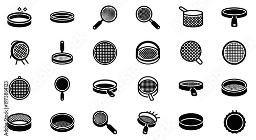 Cookware icons, kitchen utensils, cooking pots and pans, 25 black and white vector graphics