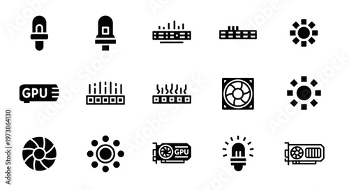 Computer hardware icons, technology symbols, electronic components, circuit board elements, 16 black vector graphics