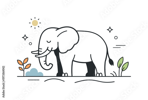 Safari wildlife moment. An elephant, lion, or giraffe shown in a calm pose within a minimal natural setting, expressing respect for wildlife. The scene feels