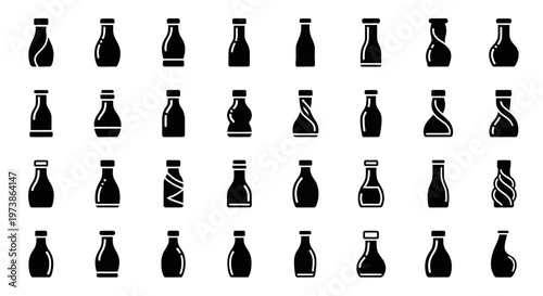 Black and white chemistry lab flask icons, 30 laboratory equipment symbols, science bottle graphics, vector illustrations