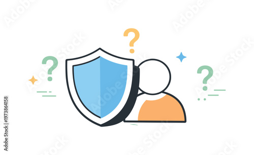 Security vs usability tension. A shield icon blocking a user silhouette, with question marks floating softly. Balance between protection and everyday