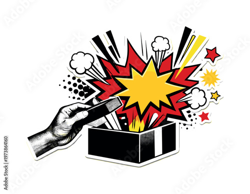 A comic-style surprise gift reveal with a black and white realistic hand opening a box, explosive pop art burst emerging from inside, bold yellow and red star