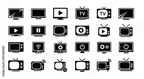 Foto Television, TV, screen icons set, black and white vector graphics, media symbols