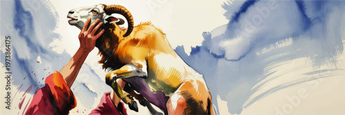 Watercolor illustration of sacrificial ram lifted by hands, biblical faith concept, expressive blue background and dramatic brushwork