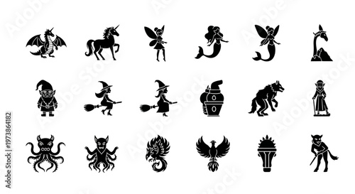 Fantasy creatures, mythical beasts, black icons, 20 silhouette set, vector graphics